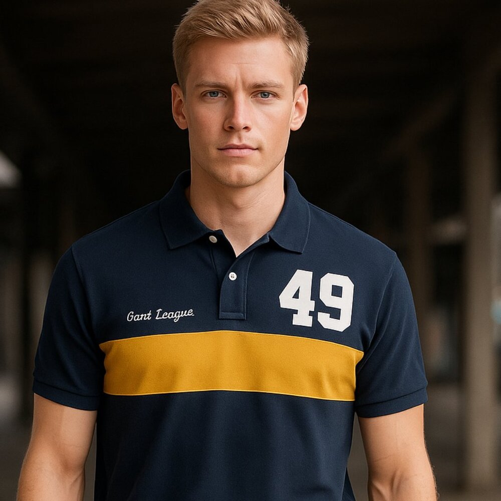 Gant Men's Vintage Varsity Polo Top with Navy & Gold Accents Size XL
